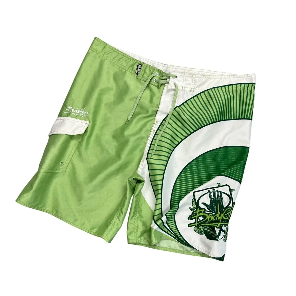 Vintage Y2K Body Glove Mens Board Shorts Green White Embroidered Swim Trunks 40‎